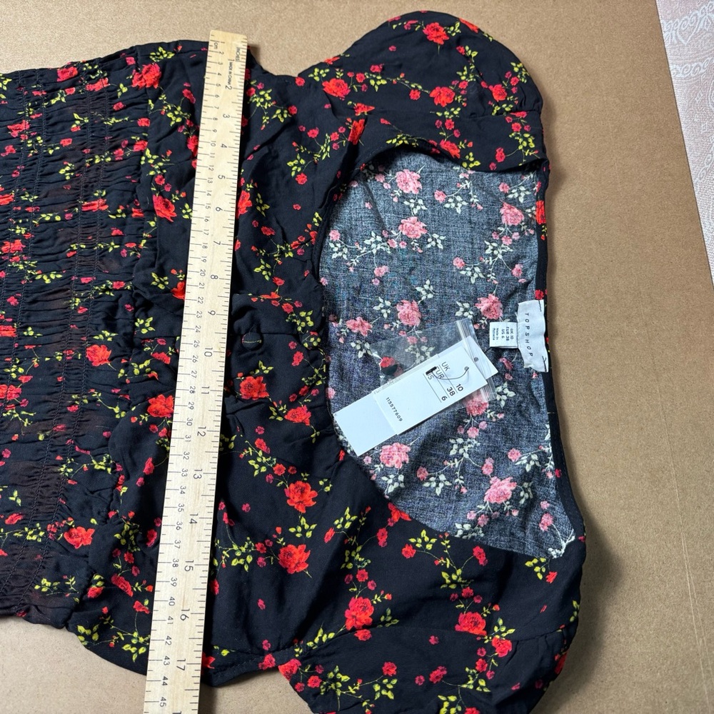 NWT Topshop Shirred Cap Sleeve Rose Print Retro Pinup Cherrygirl Size 6 - Picture 7 of 9
